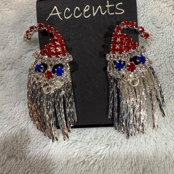 Accents Santa earrings rhinestone face hat chain beard silver-tone, New - Picture 6 of 6